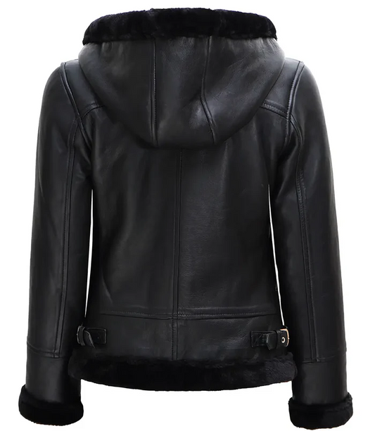 Ace Women's Black Hooded Shearling Biker Jacket - Front Open View