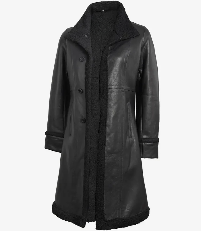Winter Women's Black Shearling Leather Coat - Front Open View