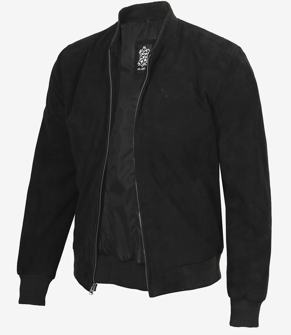 Men's Black Suede Bomber Jacket - Front View