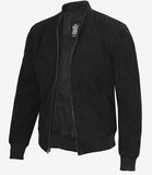 Men's Black Suede Bomber Jacket - Front View