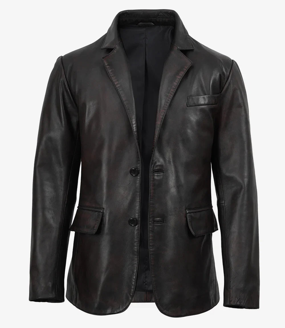 Duke men's black leather blazer, front view, buttoned