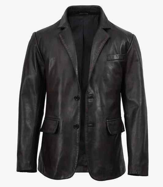 Duke men's black leather blazer, front view, buttoned