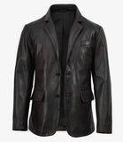 Duke men's black leather blazer, front view, buttoned