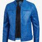 Cole men's blue washed leather jacket, front view unzipped