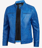 Cole men's blue washed leather jacket, front view unzipped