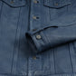 Blue leather trucker jacket for men, front view close-up
