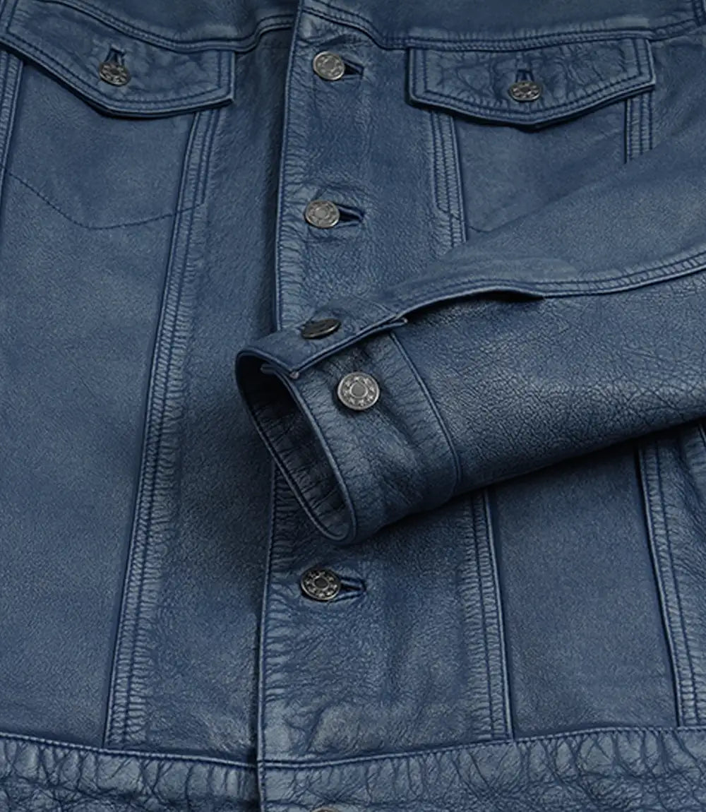 Blue leather trucker jacket for men, front view close-up