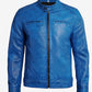Men's blue leather cafe racer jacket, full front view