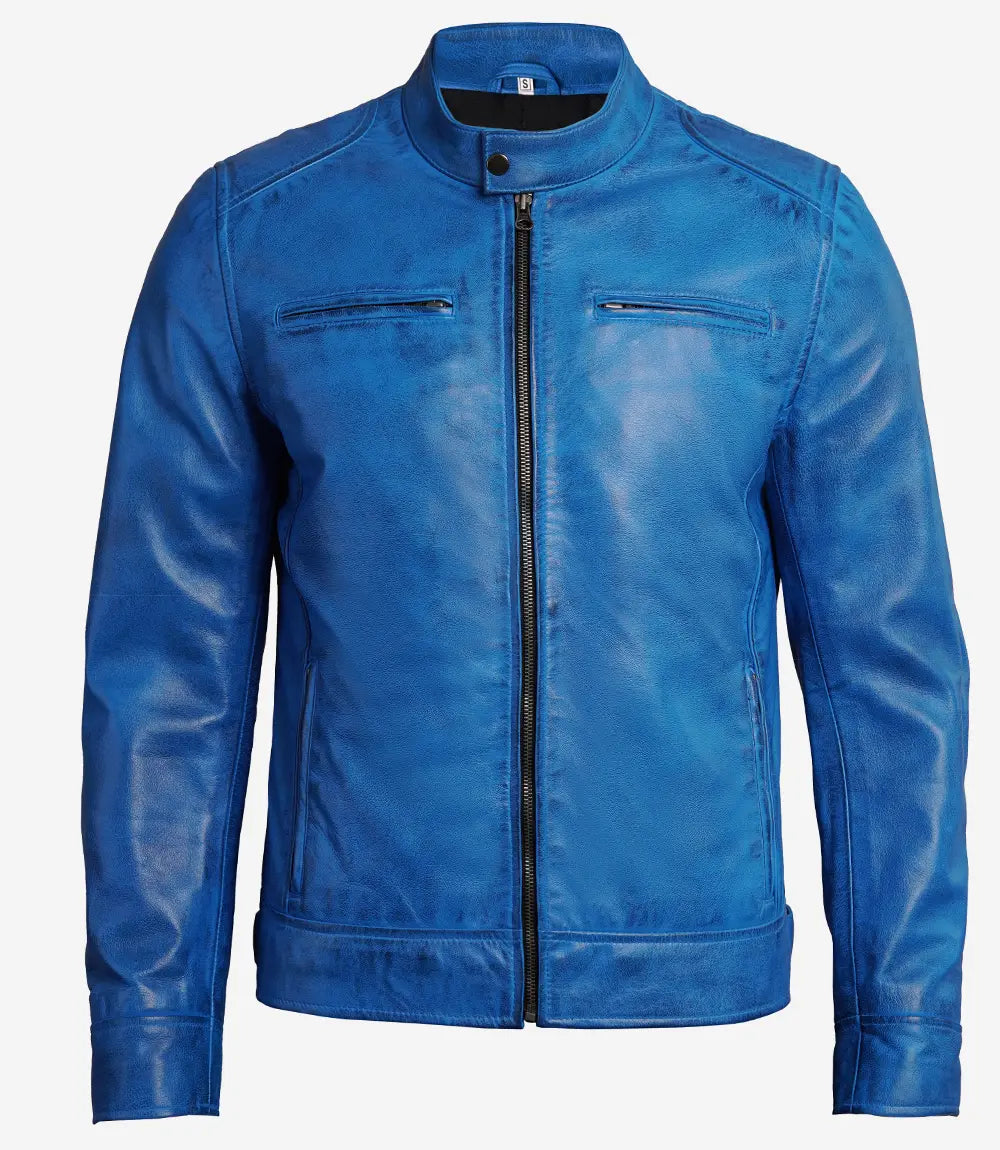 Men's blue leather cafe racer jacket, full front view