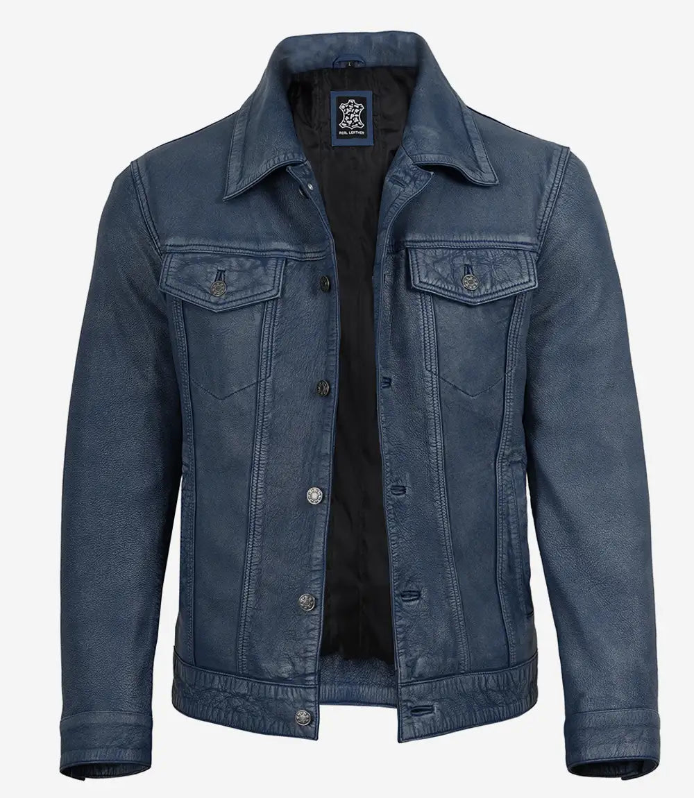 Fernando men's blue washed leather trucker jacket, front view