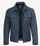 Fernando men's blue washed leather trucker jacket, front view