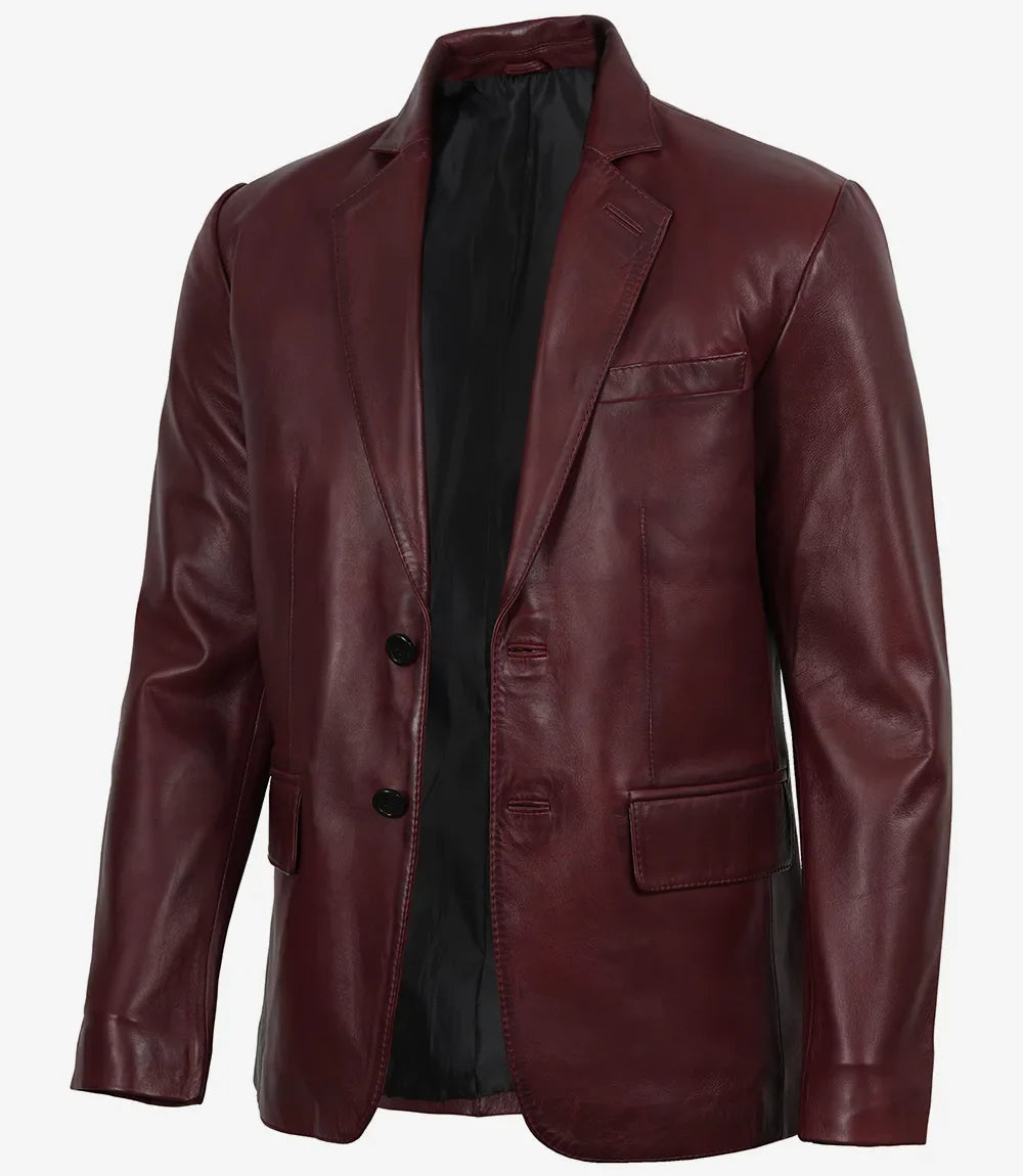 Men's burgundy leather blazer, full front view