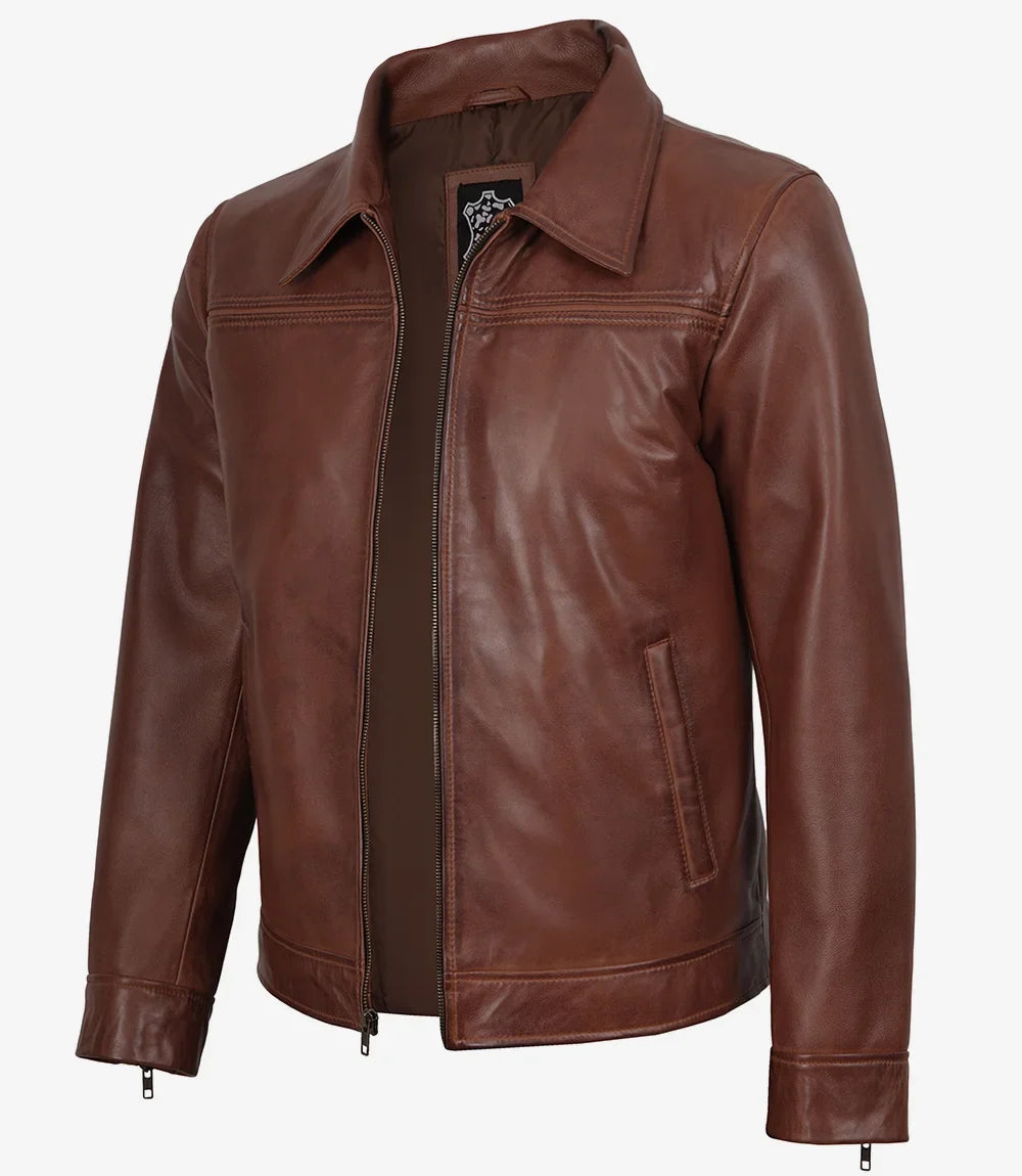 Brown leather jacket for men by NSM Jackets, shirt collar detail