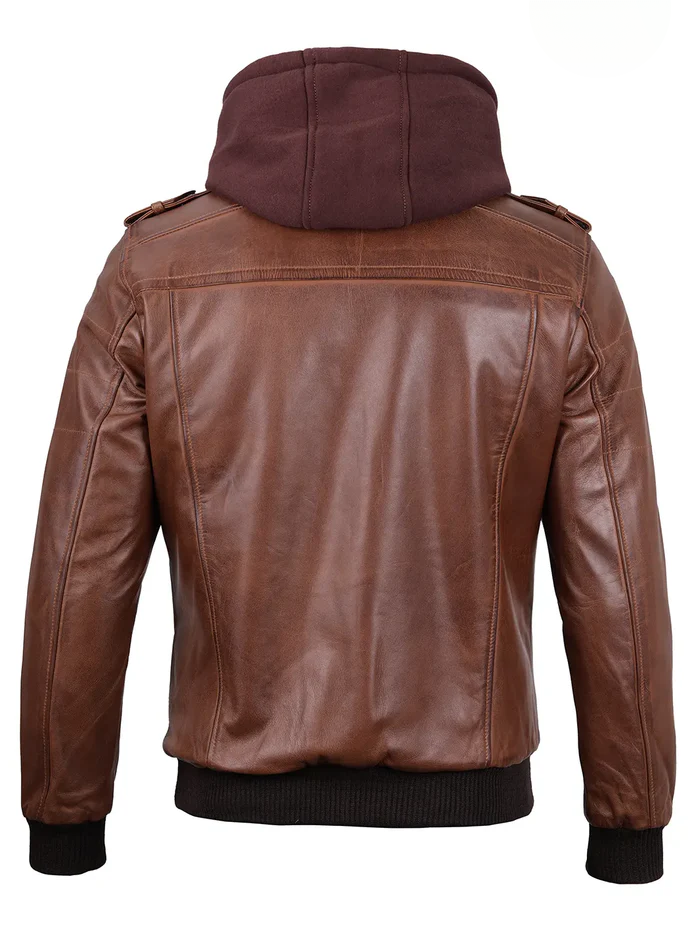 Atlas Men's Brown Hooded Bomber Leather Jacket - Hood Detail View