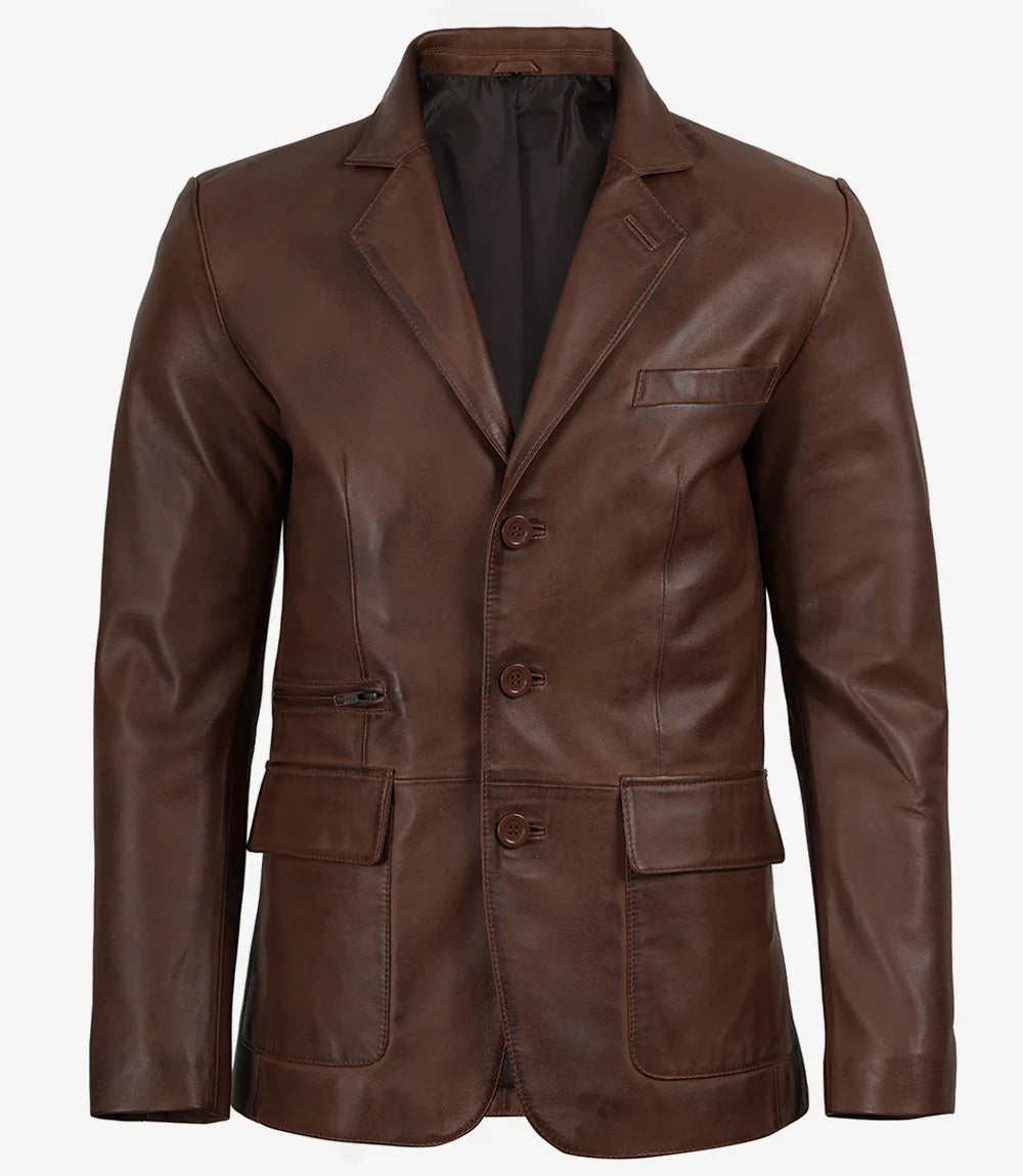 Earl men's brown leather blazer, angled front view