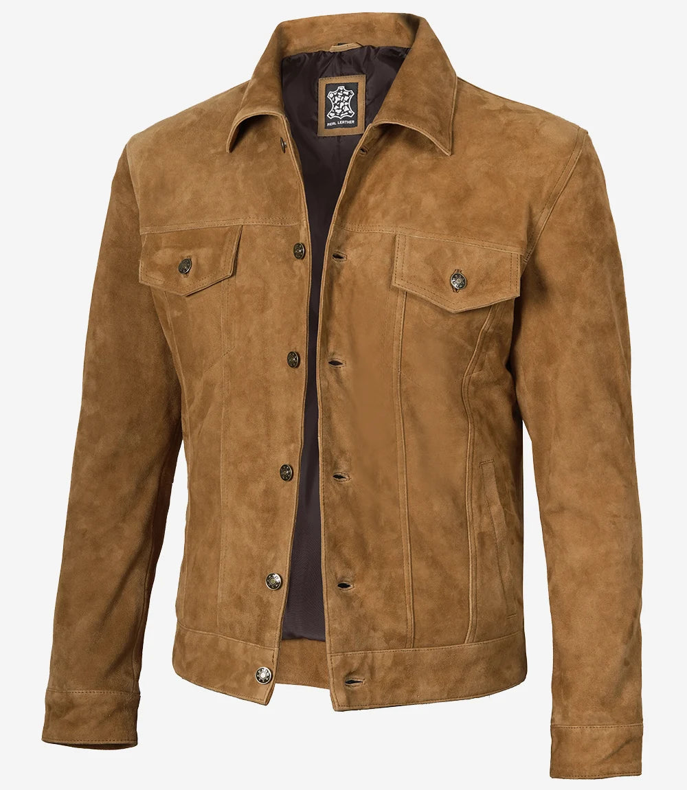 Men's Cognac Suede Trucker Leather Jacket | NSM Jackets – NSM JACKETS
