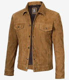 Men's Cognac Suede Trucker Jacket - Front View