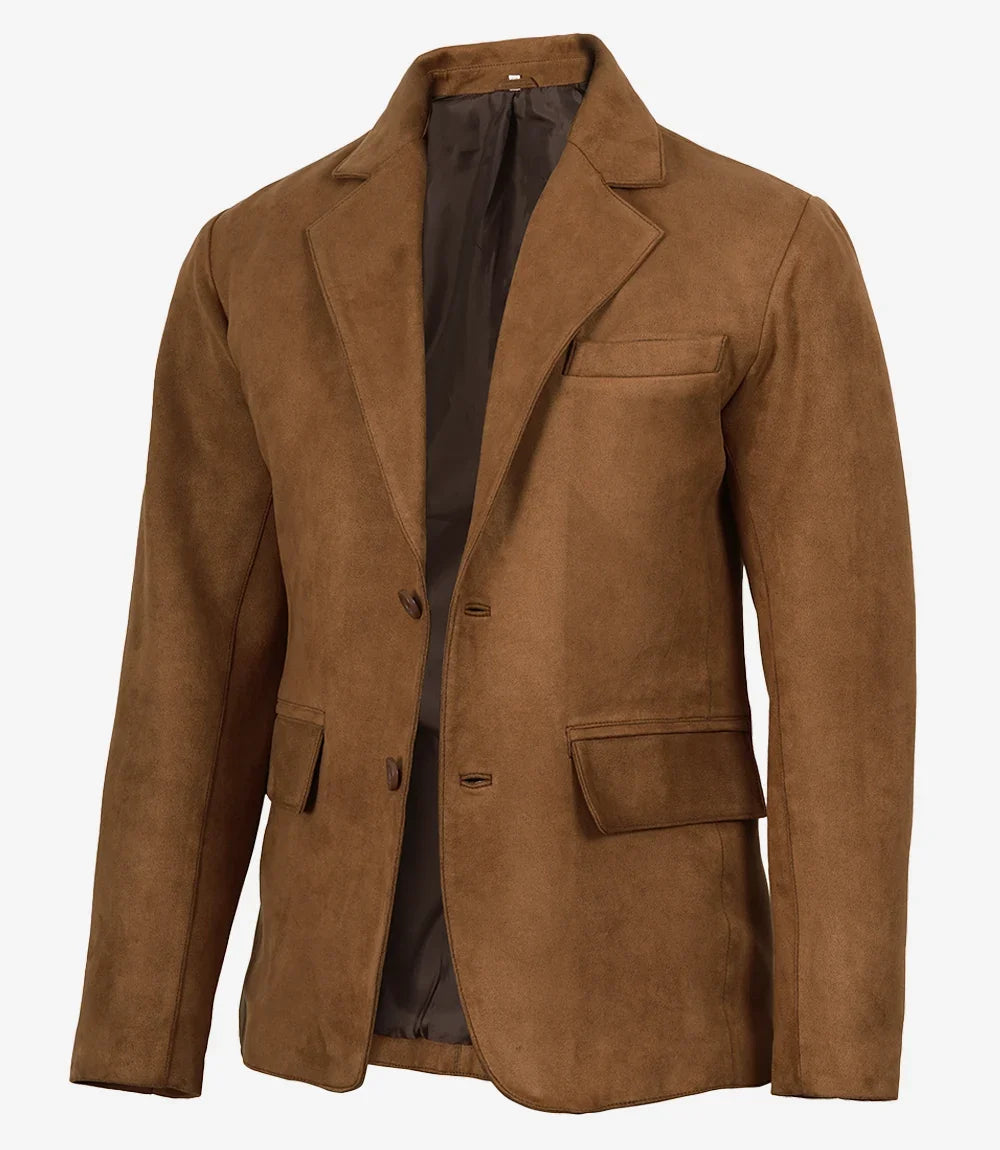 Brown faux leather notch lapel jacket for men, full front view