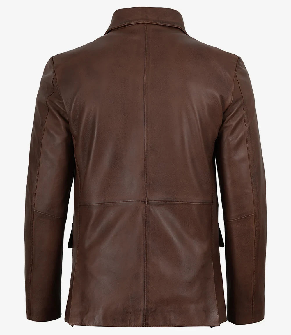 Earl brown three-button leather blazer for men, tailored fit