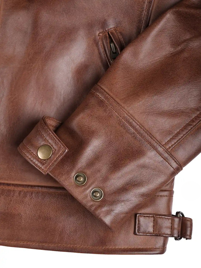 Ranger Men's Cognac Brown Quilted Biker Leather Jacket - Side View