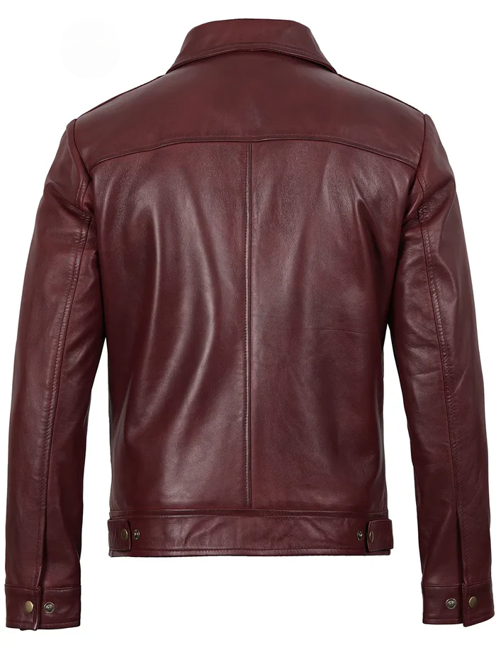 Men’s Burgundy Real Leather Harrington Jacket – Front View | NSM Jackets
