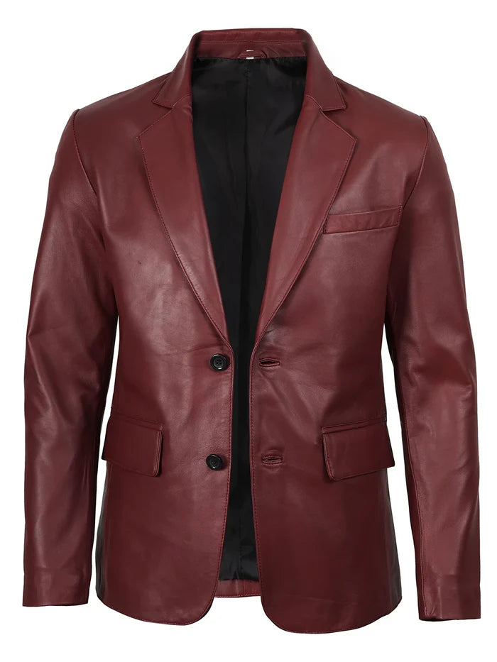 Men’s Maroon Leather Blazer Jacket – Front View | NSM Jackets