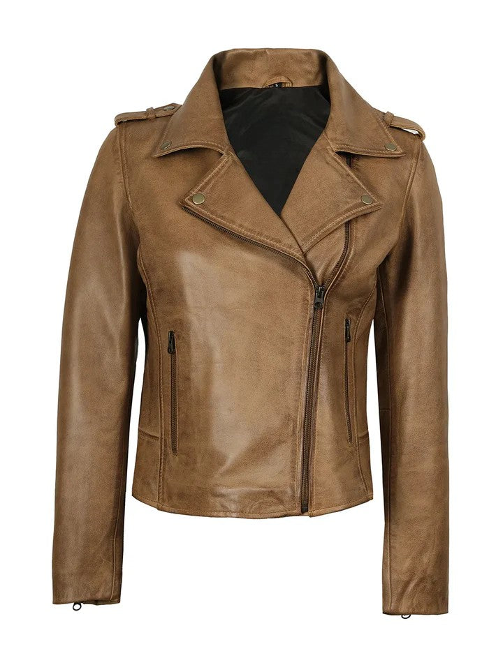 Women’s Camel Brown Biker Leather Jacket – Front View