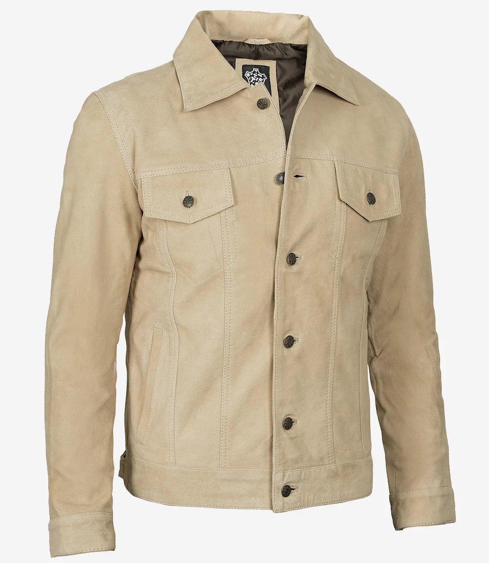 Men's Camel Suede Trucker Jacket - Detail View