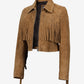 Cassidy women's tan cropped suede fringe jacket, angled open front view