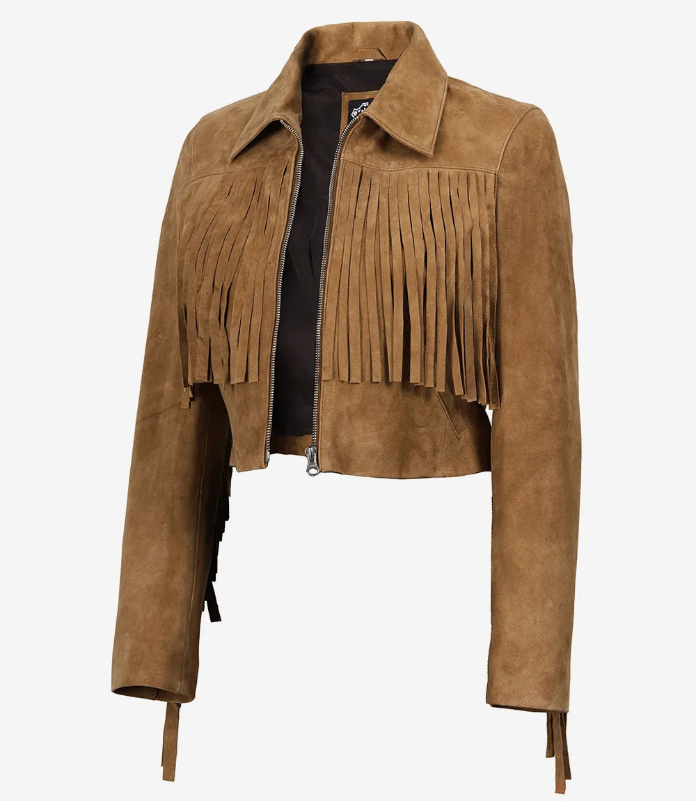 Cassidy women's tan cropped suede fringe jacket, angled open front view