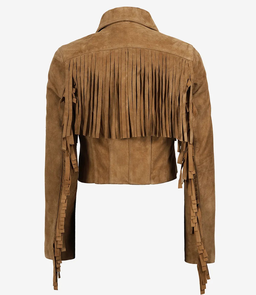 Back of Cassidy women's tan cropped suede jacket with fringe across the shoulders and sleeves