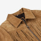 Pointed collar, front zip and chest fringe on Cassidy women's tan suede jacket
