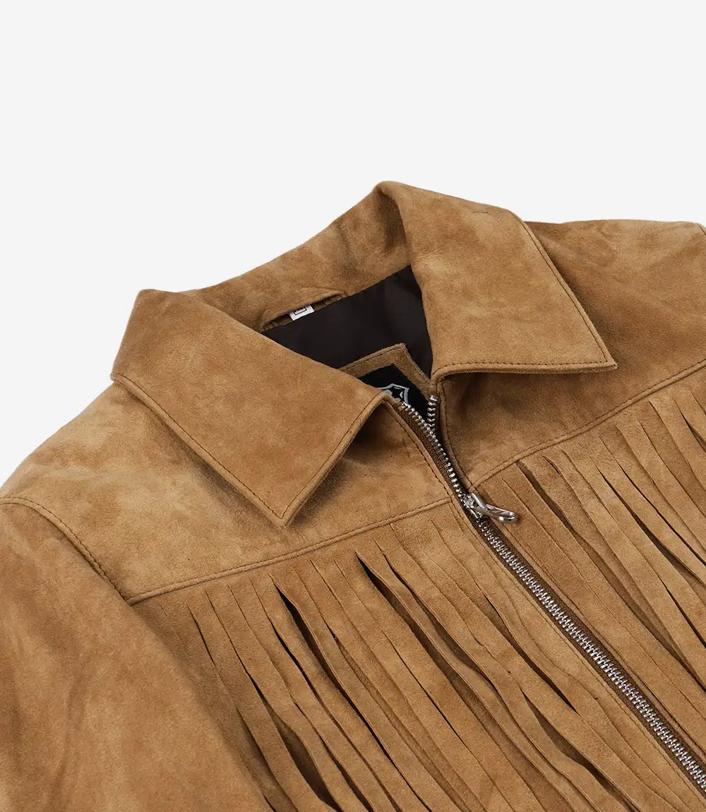 Pointed collar, front zip and chest fringe on Cassidy women's tan suede jacket