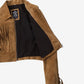 Black inner lining of Cassidy women's tan cropped suede fringe jacket
