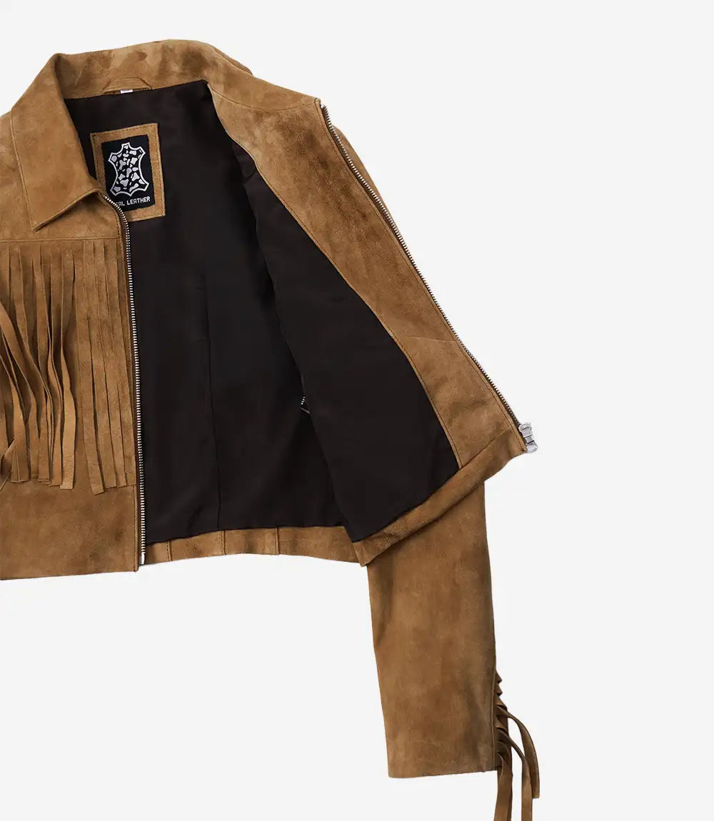 Black inner lining of Cassidy women's tan cropped suede fringe jacket