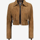 Cassidy women's tan cropped suede fringe jacket, open front view