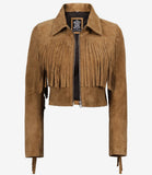 Cassidy women's tan cropped suede fringe jacket, open front view