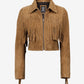 Cassidy women's tan cropped suede fringe jacket, zipped front view