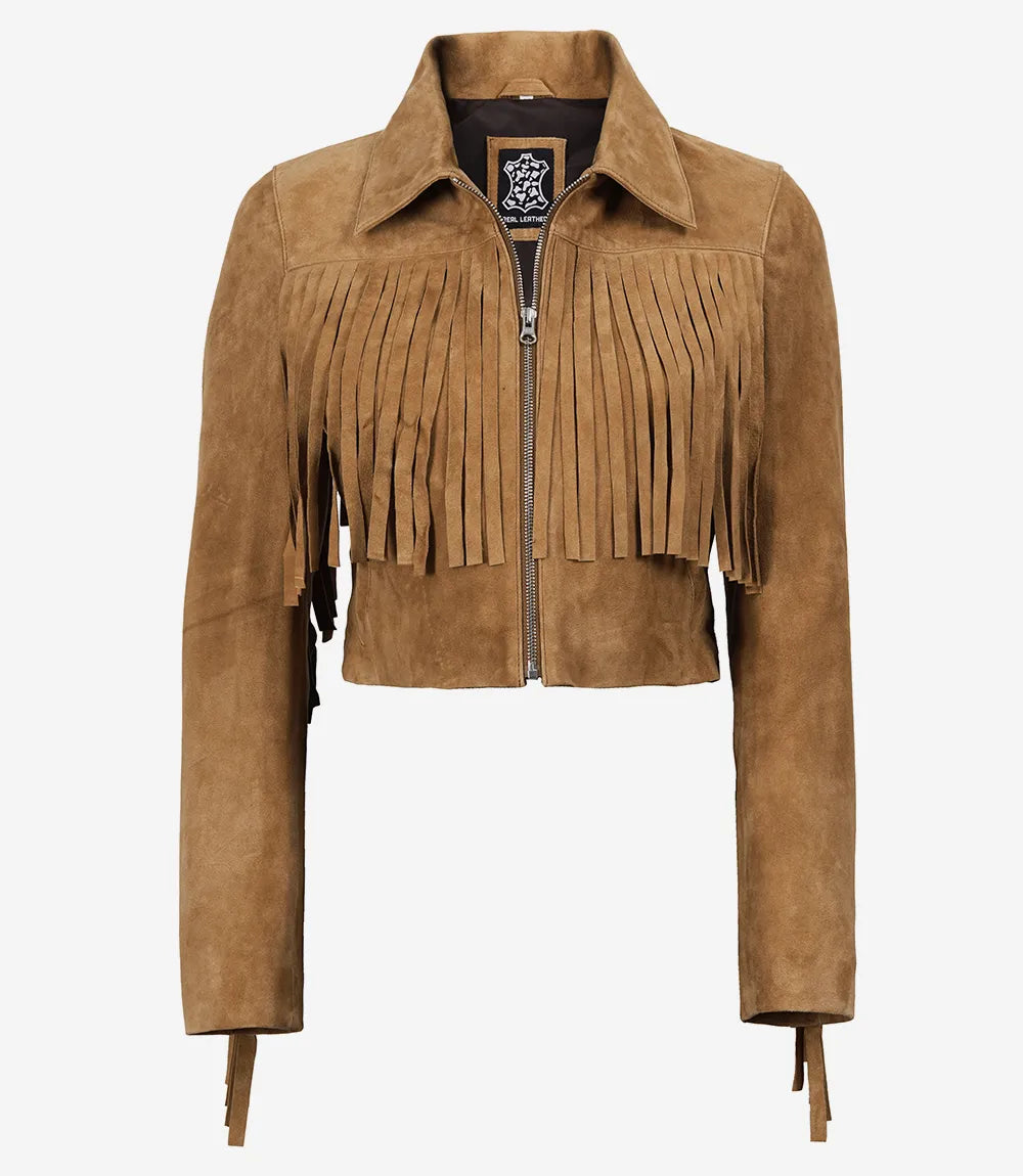 Cassidy women's tan cropped suede fringe jacket, zipped front view