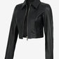 Cora women's black cropped zip-up leather jacket, angled open front view