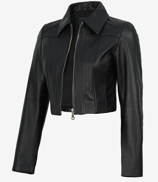 Cora women's black cropped zip-up leather jacket, angled open front view