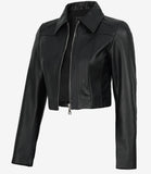 Cora women's black cropped zip-up leather jacket, angled open front view