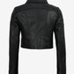Back of Cora women's black cropped leather jacket showing shoulder yoke and shaped panel seams