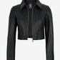 Cora women's black cropped leather jacket, open front view showing inner lining