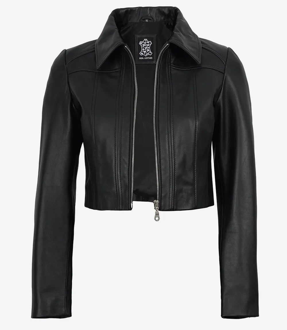 Cora women's black cropped leather jacket, open front view showing inner lining