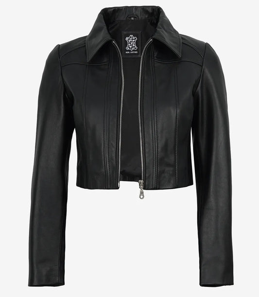 Cora women's black cropped leather jacket, open front view showing inner lining