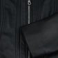 Close-up of Cora black leather jacket's front zip, panel stitching and plain sleeve cuff