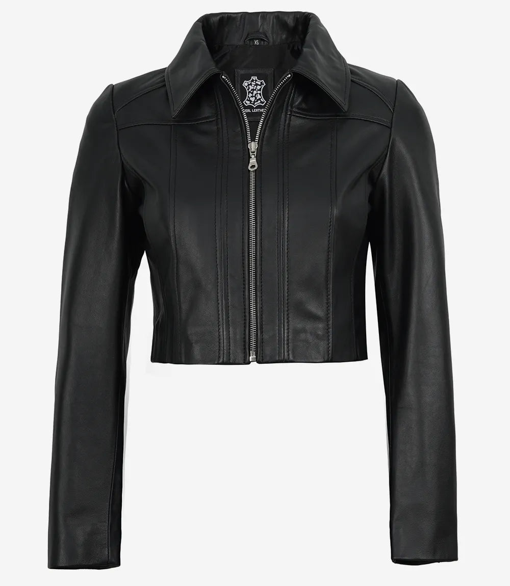 Cora women's black cropped leather jacket, zipped front view with pointed collar