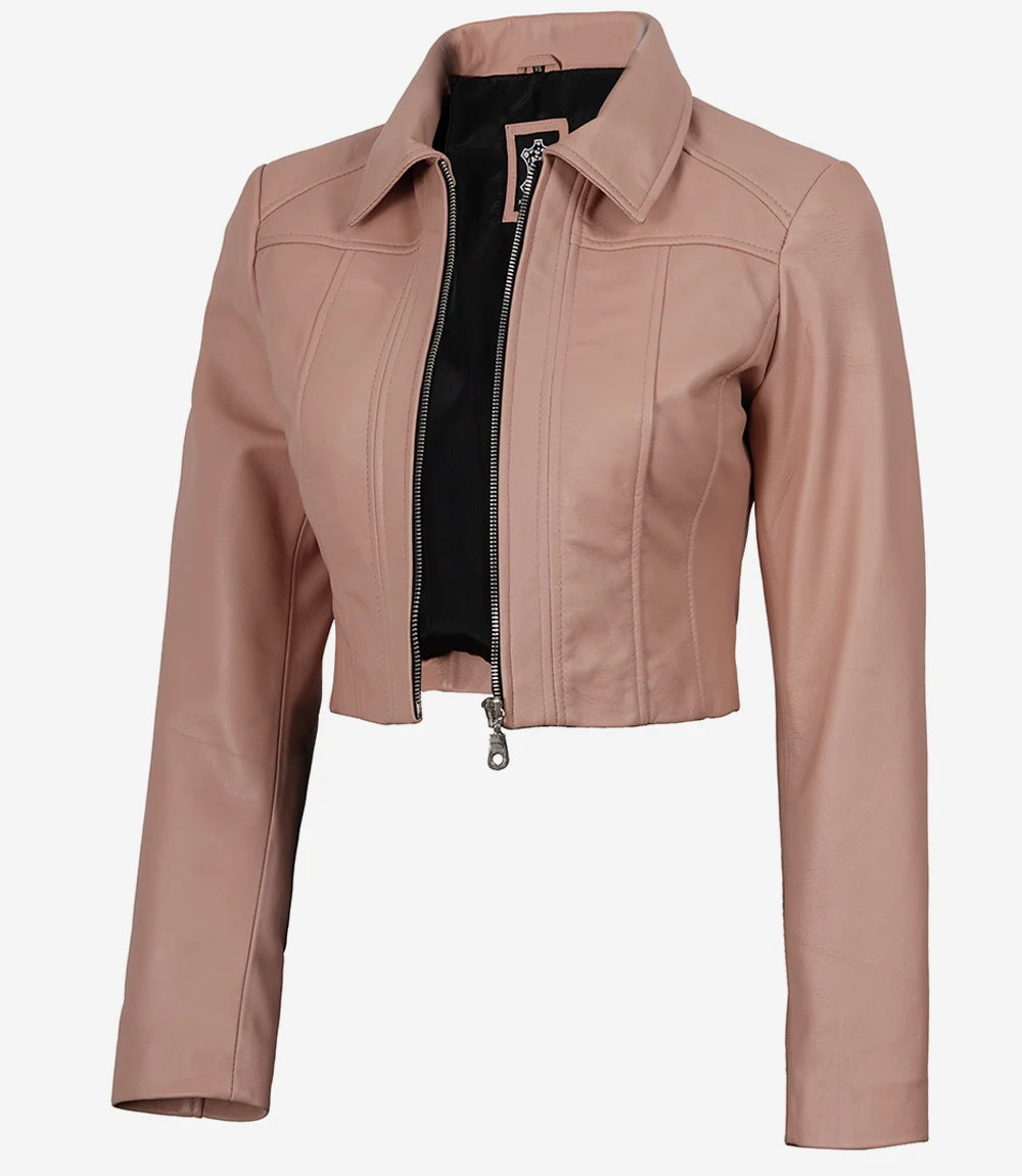 Cora women's blush pink cropped zip-up leather jacket, angled open front view