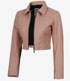 Cora women's blush pink cropped zip-up leather jacket, angled open front view